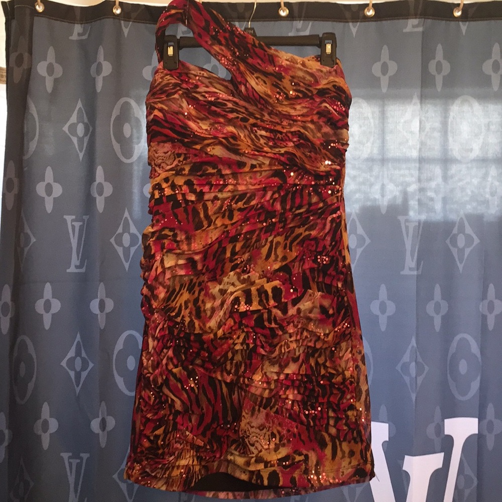 Love brand cocktail one shoulder dress 13 junior pink animal used - Picture 2 of 6